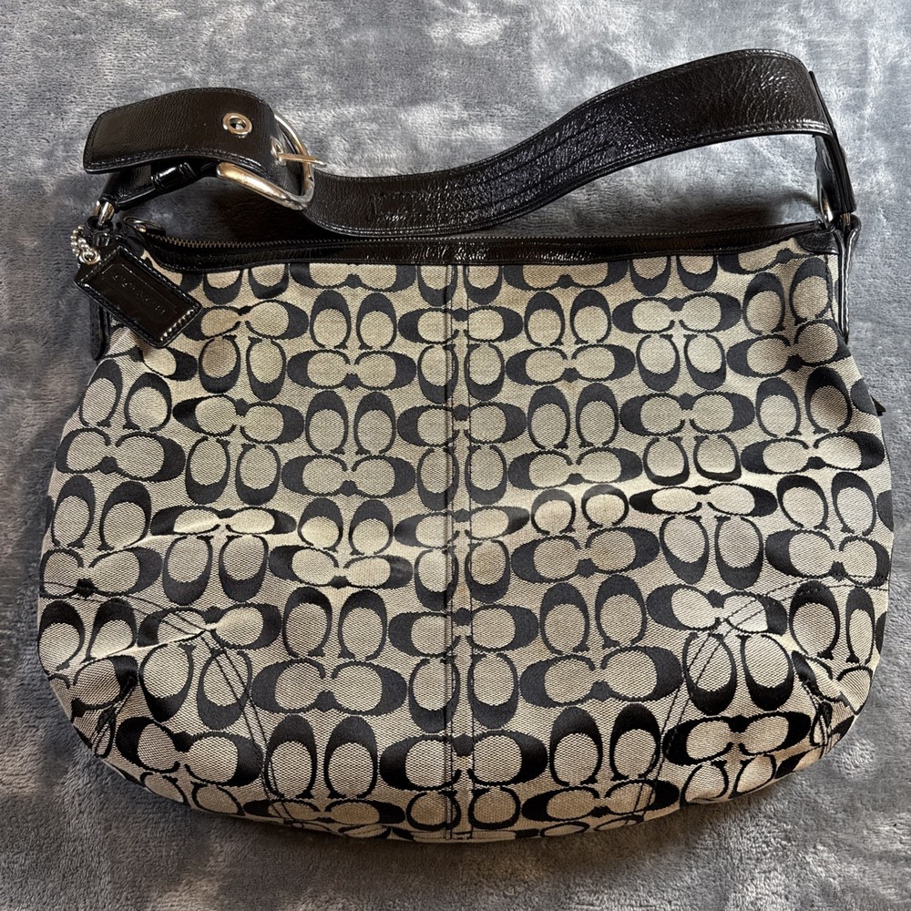 Coach Signature Canvas Black Gray Y2K Purse Top Zip Satchel Bag Small